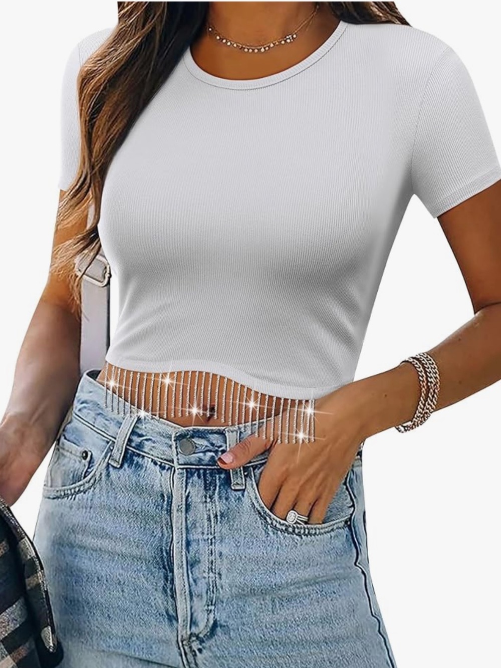 Ribbed Crop Tops with Rhinestone Tassel